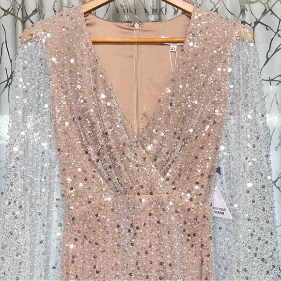 NADINE MERABI WHITE SILVER SEQUIN BEADED BALLOON LONG SLEEVE v-neck MAYA DRESS - Picture 9 of 14